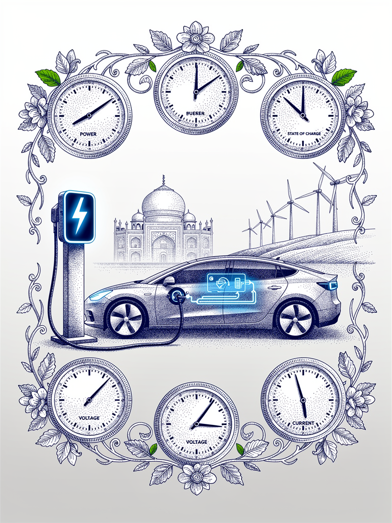 Active EV charging session with telemetry gauges in blue ink illustration style