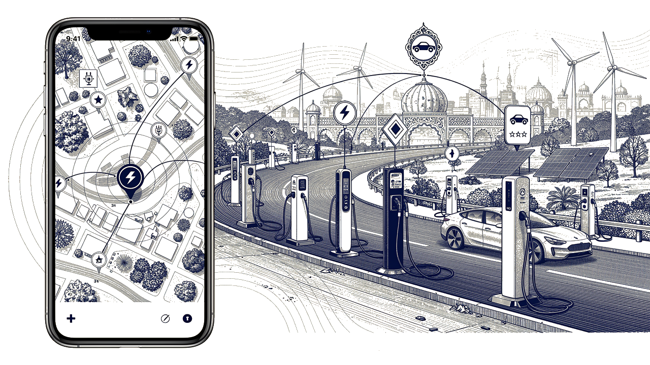 Panoramic blue ink engraving on white showing a smartphone with an EV charging app displaying a map view with charging station markers, surrounded by physical charging stations in an engraved landscape