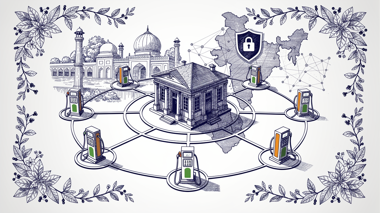 UBC network architecture illustration showing charging stations connected to a central discovery service with Indian architectural elements