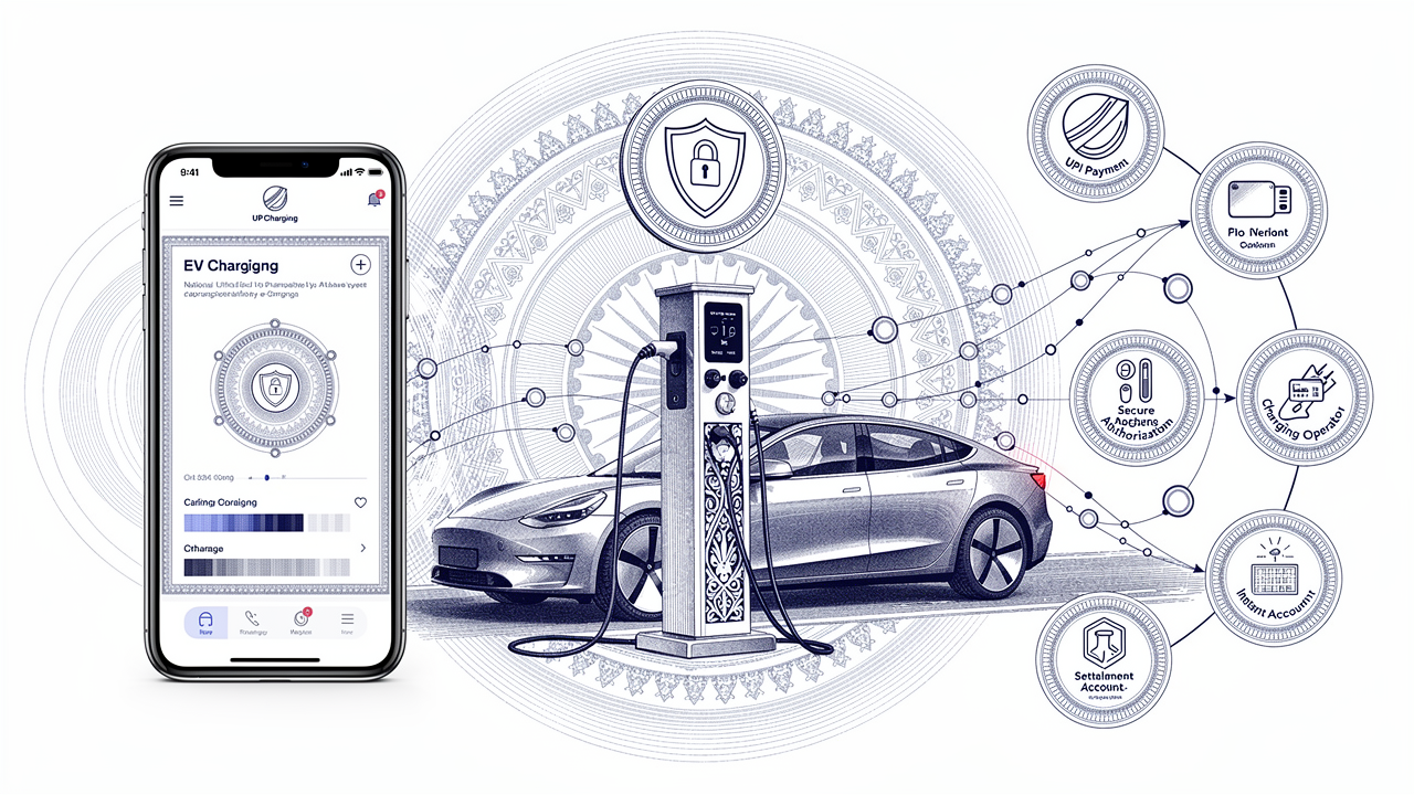 Panoramic blue ink engraving on white showing smartphone with payment confirmation on the left, EV charging station with vehicle plugged in the center, and payment ecosystem medallions with Indian architectural elements on the right