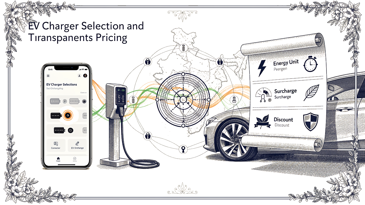 Wide-screen blue ink engraving on white showing smartphone selecting an EV charger connector on the left, a circular interoperability symbol with India outline in the center, and a parchment pricing sheet with four stacked icon sections on the right